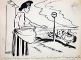 cartoon drawing of a woman standing next to a pole with a dog on it