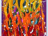 une peinture abstraite composée de touches de peinture orange, jaune et rouge projetées sur un fond violet