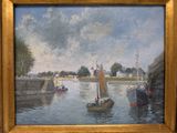 a painting of boats on the water near a dock