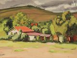 une peinture à l'huile représentant une ferme avec un toit rouge et des arbres