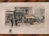 tableau représentant une scène de rue avec des personnes et un chien devant un café