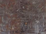 a painting of a group of people walking in a park