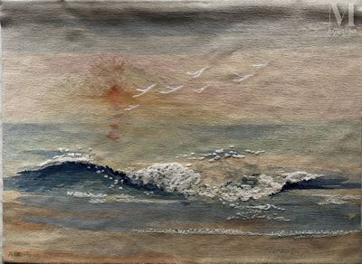 a watercolor painting of a wave coming in to the ocean