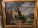 a painting on the wall of a building with a clock on it