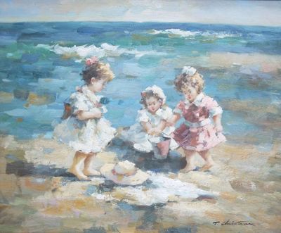 tableau représentant trois enfants jouant dans le sable à la plage