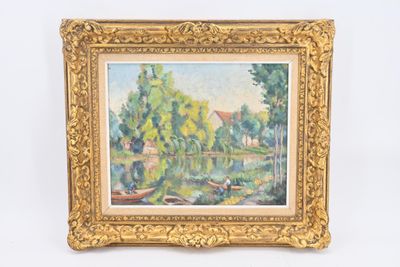 une peinture à l'huile représentant une scène fluviale avec des bateaux et des arbres