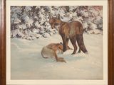 an oil painting of two foxes in the snow with trees in the background