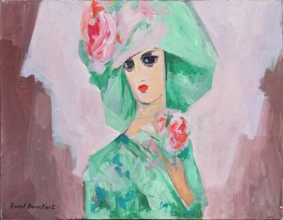an oil painting of a woman wearing a green hat and holding a flower