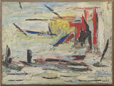 une peinture à l'huile représentant un bateau dans un plan d'eau
