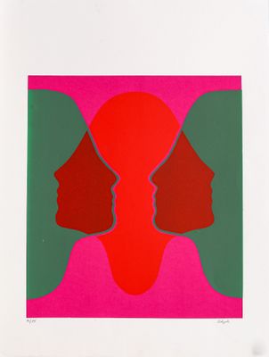 an image of a red and green print with two faces