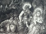 a black and white drawing of a man and a woman in the woods