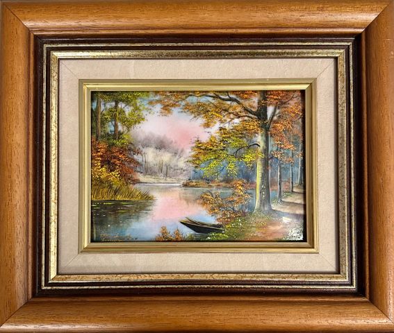 BOUCHAREL. Limoges. Email « Paysage lacustre ». 13 x 18. Signé