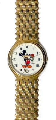 mickey mouse wrist watch with gold tone bracelet and white face