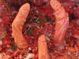 a close up of a plate of food with shrimp and carrots on it