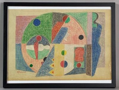 œuvre d'art encadrée représentant une peinture aux formes et couleurs abstraites, dans un cadre noir