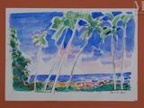 watercolor painting of palm trees in front of the ocean