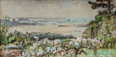 an image of a painting of a view of a beach and a body of water