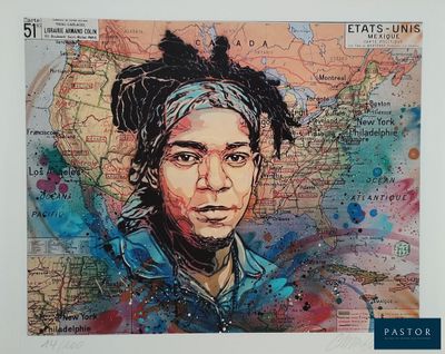 une photo d'un tableau représentant un homme avec une carte en arrière-plan