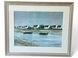 painting of boats on the water in front of a row of houses