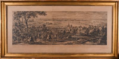 un vieux dessin représentant une vue d'une ville avec une rivière au premier plan