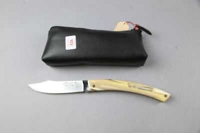a knife that is laying next to a pouch