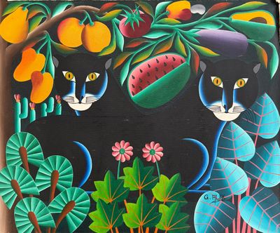 un tableau représentant un chat assis dans un arbre