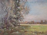 an oil painting of a field with trees in the foreground