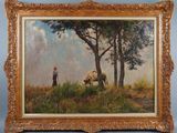 an oil painting of a man and a cow in a field