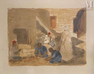 a painting of a group of people working in a kitchen