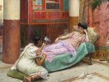 a painting of a woman laying on a bed while another woman sits on a couch