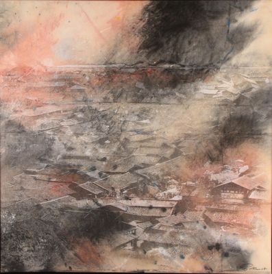 an image of a painting of a boat on a body of water with smoke coming out of it