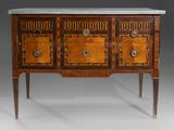 an antique wooden cabinet with marble top and drawers