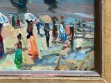 a painting of people walking on the beach with umbrellas