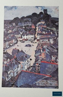 une photo d'un tableau représentant une ville avec un château en arrière-plan