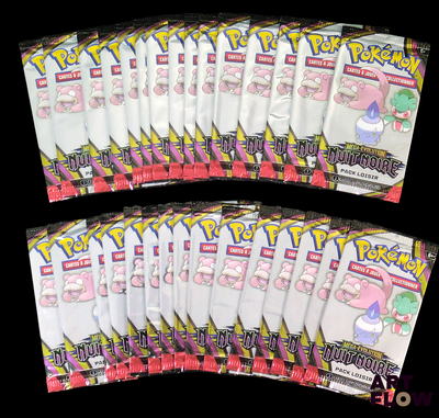 several packs of pokemon trading cards on a black background