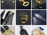 several pictures of different types of handbags and purses with gold hardware