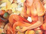un tableau représentant une femme assise devant une corbeille de fruits