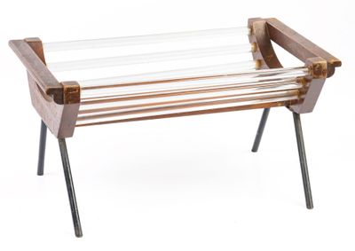 a wooden and glass table on a white background