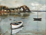 a painting of a boat tied to a rope in the water