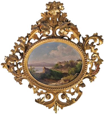 une image d'un tableau représentant un paysage dans un cadre doré