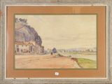 an image of a watercolor painting of a village by a river