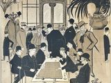 illustration représentant un groupe d'hommes assis autour d'une table en train de jouer aux dames