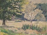 une peinture d'un champ avec des arbres en arrière-plan