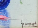 a painting of a blue bird with a red beak