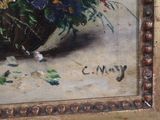 a painting of flowers in a vase on a table