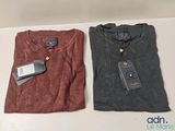 pair of men ' s t - shirts with tags on them sitting on a table