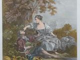 an old print of a woman sitting on a rock next to a man