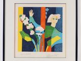 an image of a painting of a woman with flowers in a vase