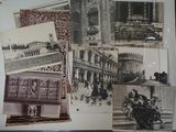 several old black and white photos of people and buildings on display