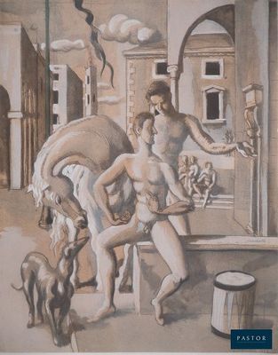 un tableau représentant un homme et une femme accompagnés d'un chien
